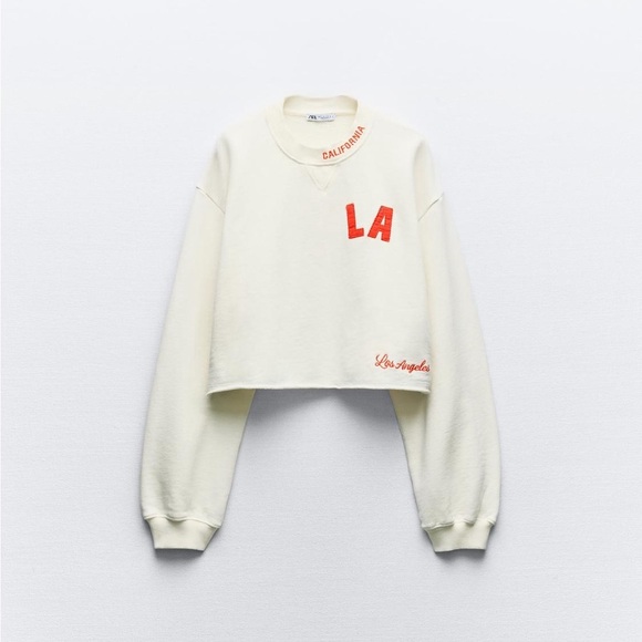 Zara Sweaters - Zara Varsity Text Plush Cropped Sweatshirt Ecru California Los Angeles